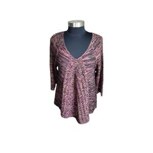 Studio Works V-neck Pullover 3/4 Sleeve Open Knit Wine Multicolor XL Sweater